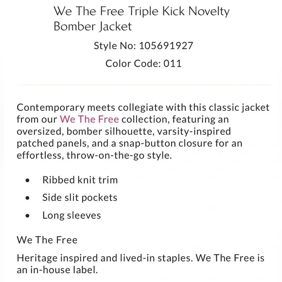 ▪️NWT We The Free Triple Kick Novelty Bomber Jacket - small - Picture 6 of 10